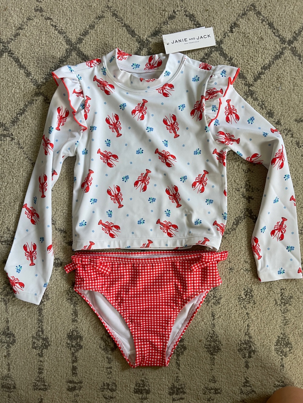 Janie and Jack White Rashguard with Red Lobster Print & Red Gingham Bottoms